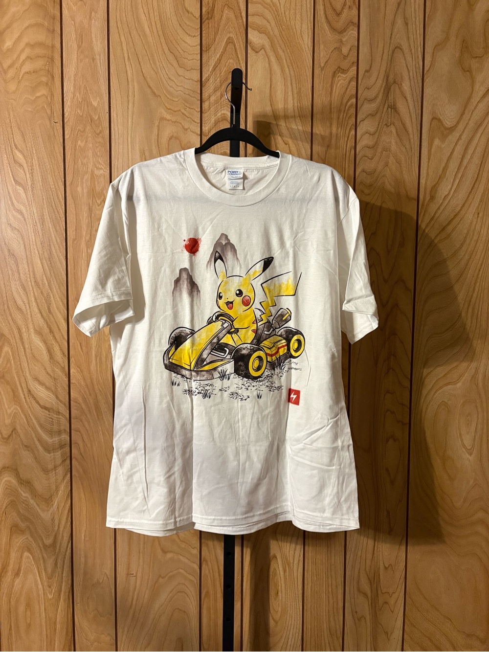 Port and Company White Graphic Tee with Yellow Racing Character